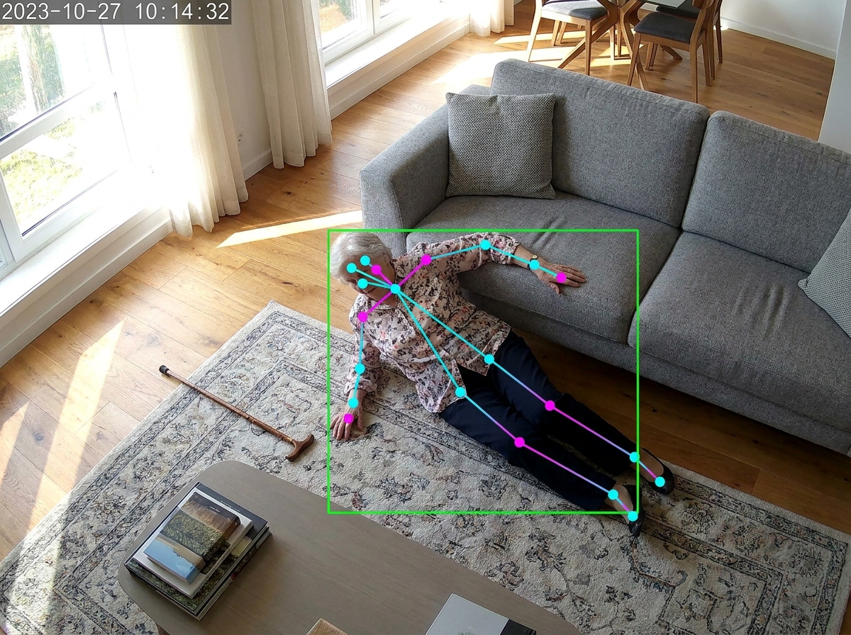 Fall detection at home: camera frame with body keypoints and bounding box overlaid