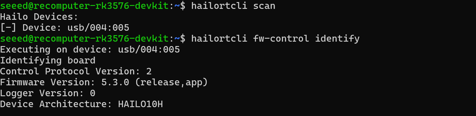 Terminal toont het scanresultaat van de UGen300, de firmwareversie en de Hailo-10H-architectuur