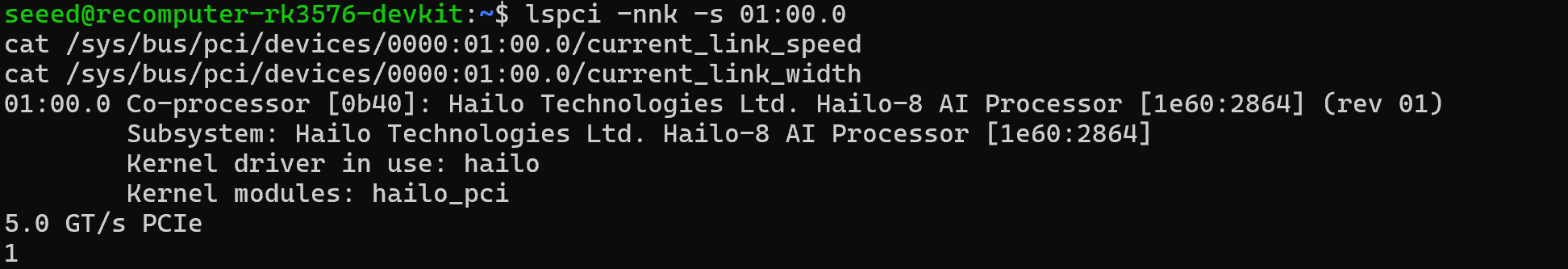 Hailo-8 PCIe-apparaat en onderhandelde Gen2 x1-verbinding