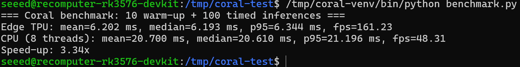 Captura del terminal con el benchmark del Edge TPU de Coral y la CPU de ocho hilos