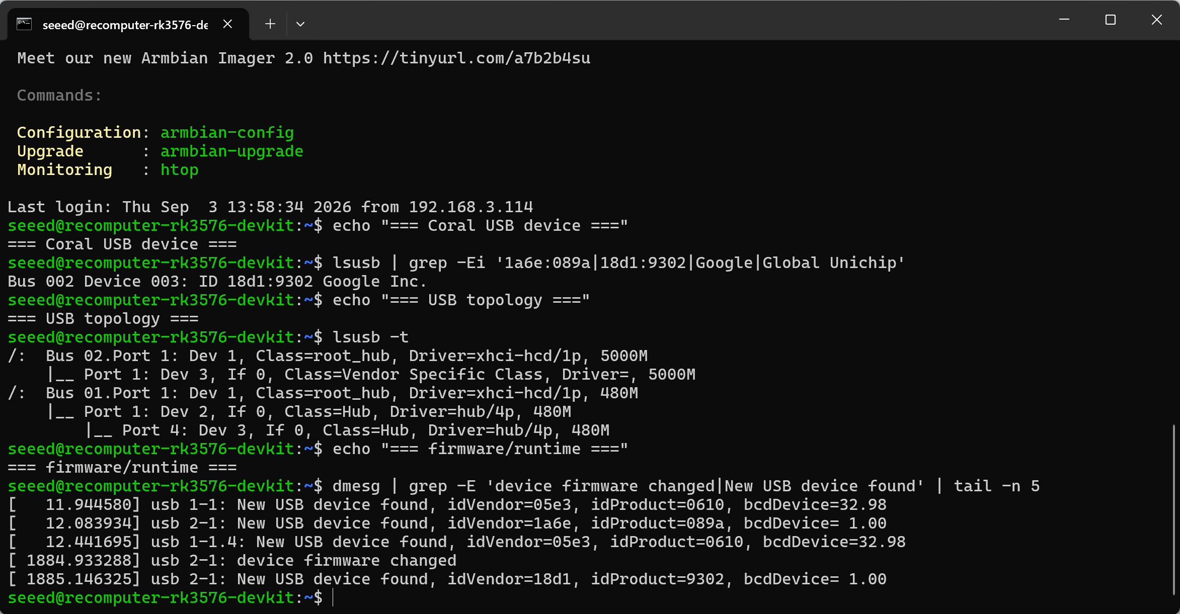 Captura del terminal con la detección del Coral USB, la velocidad USB 3 y la enumeración del firmware