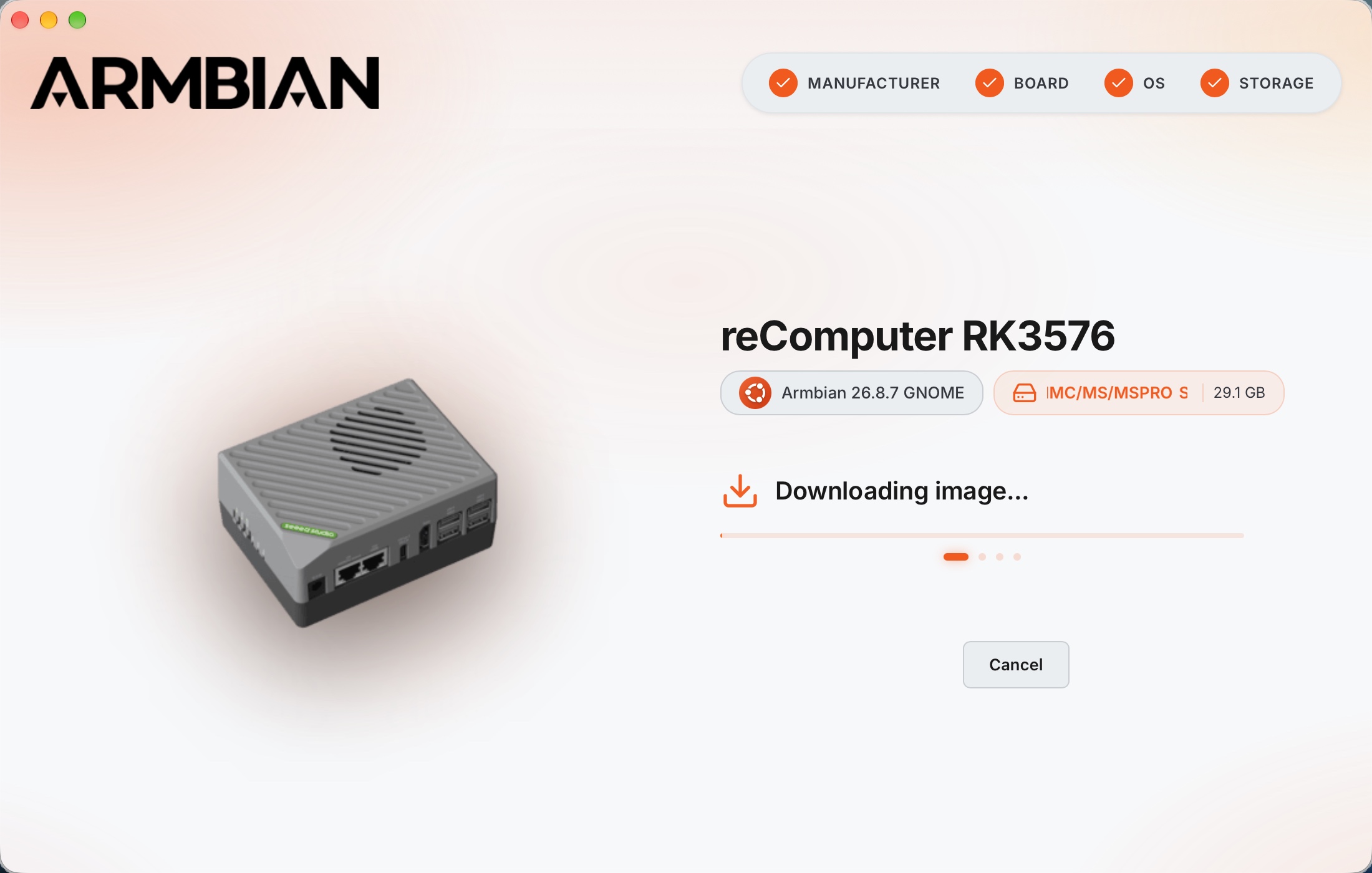 Armbian Imager descargando la imagen seleccionada antes de escribirla