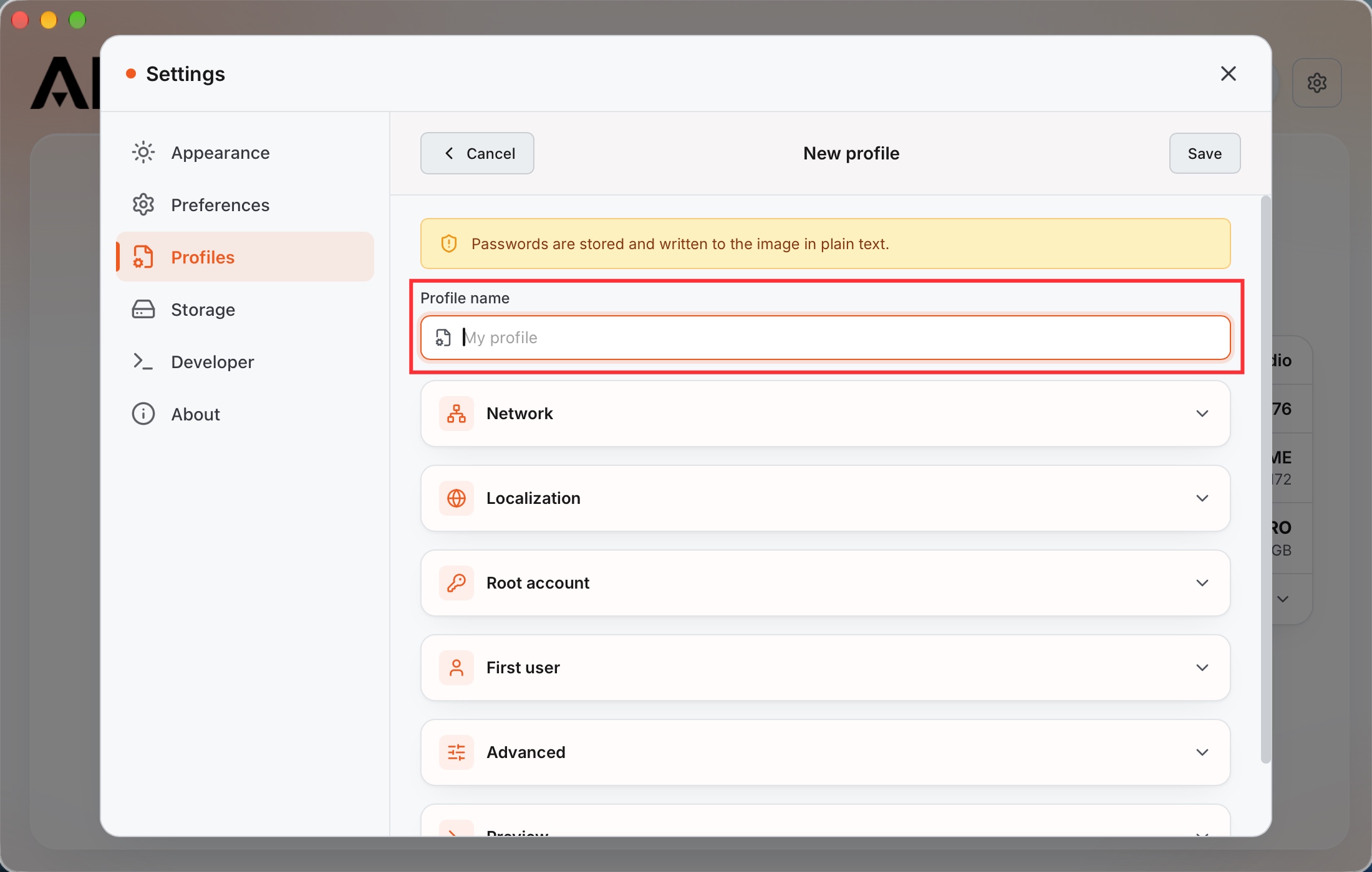 Nombre y configuración de un perfil de primer arranque