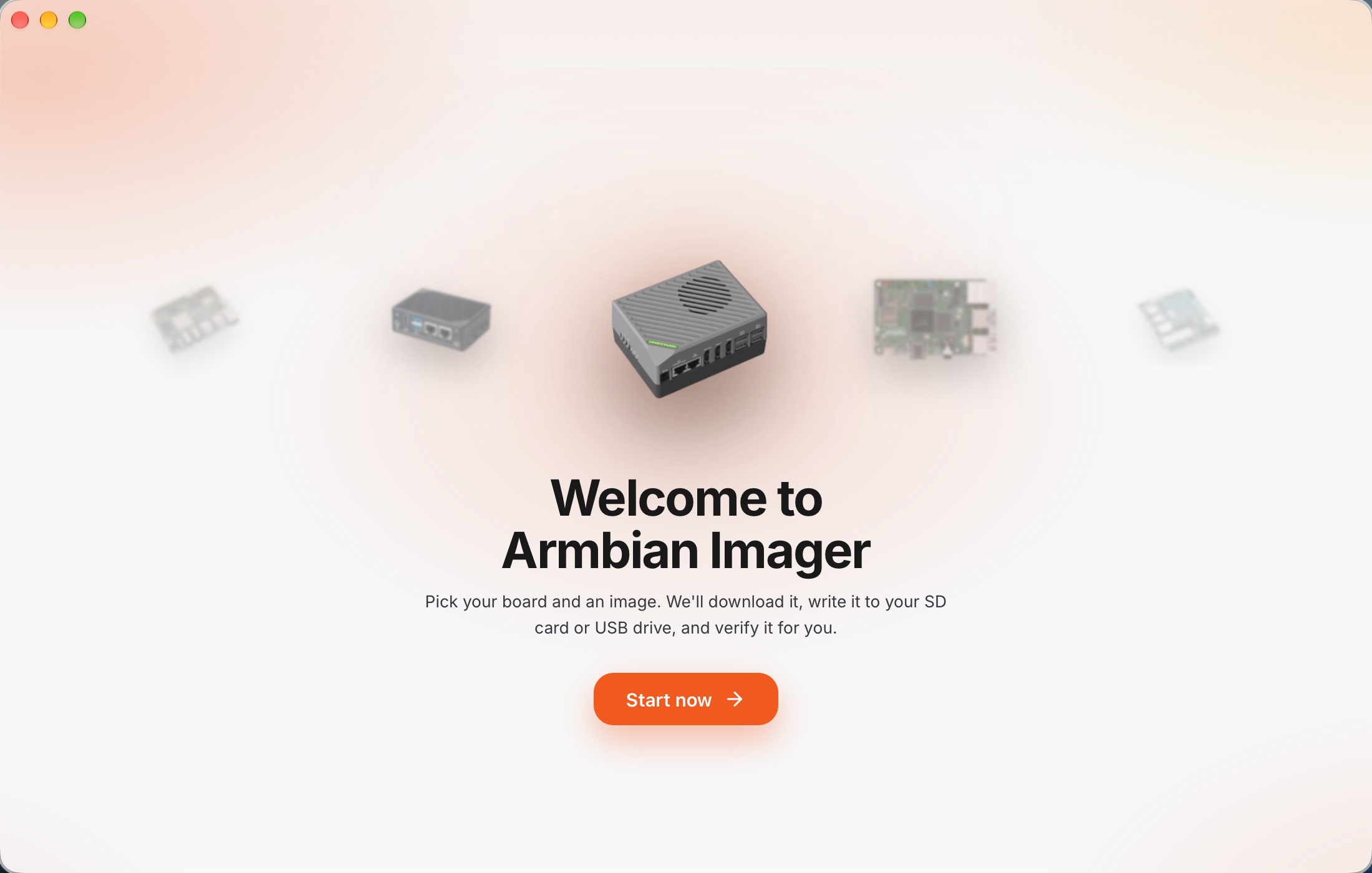 Pantalla de bienvenida de Armbian Imager con el botón Start now