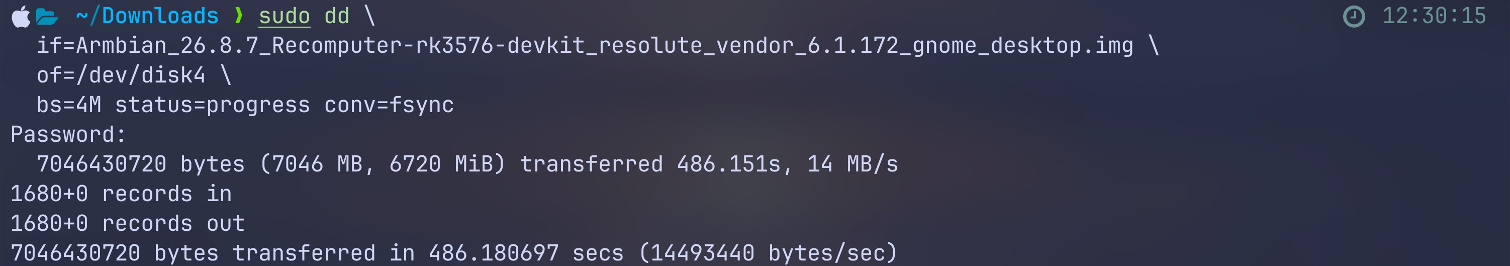 Escritura con dd finalizada en macOS, con records in y records out