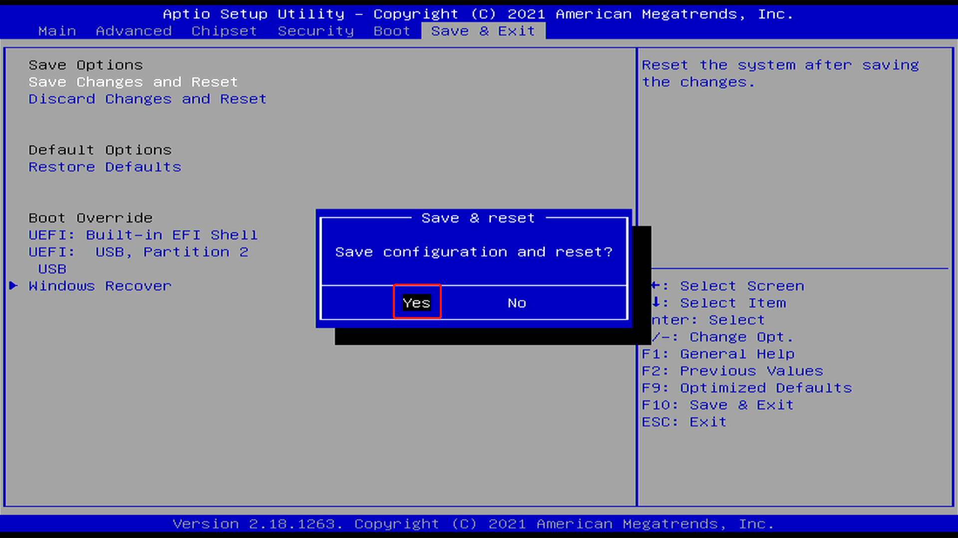 Exit configuration. American MEGATRENDS Boot menu. Save configuration and reset. Boot override. EFI Boot Windows 10.