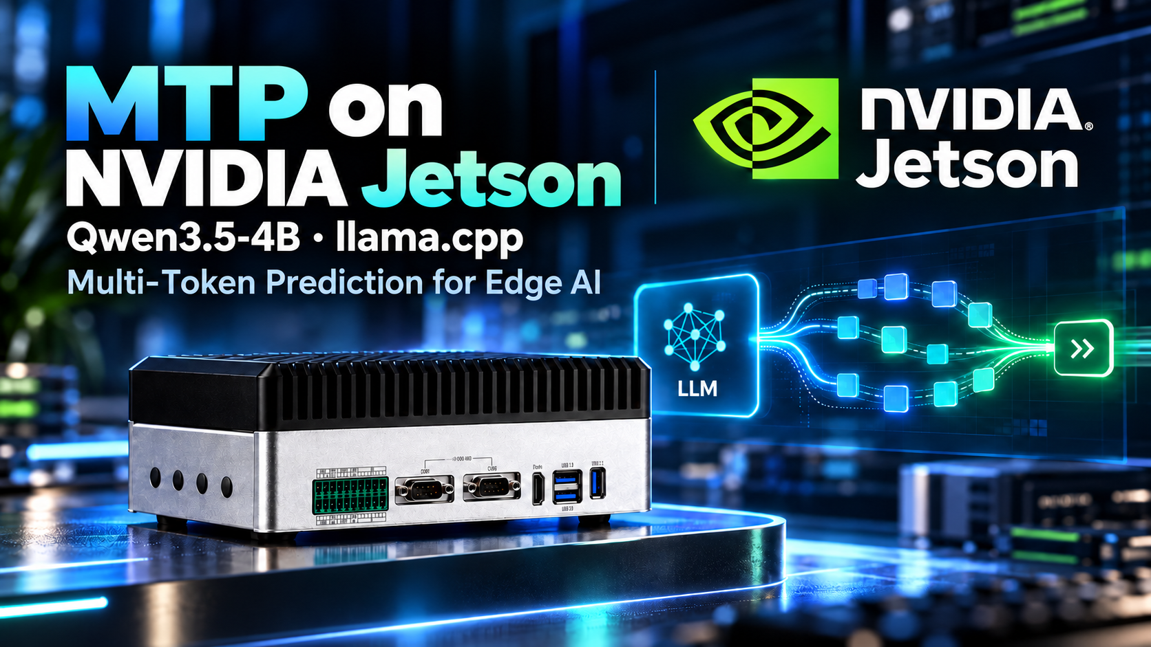 NVIDIA Jetson illustration with Qwen3.5-4B, llama.cpp, and an MTP token-flow graphic.