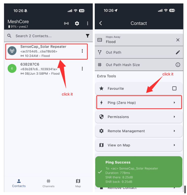 Verify Solar Node repeater with Ping from another MeshCore device
