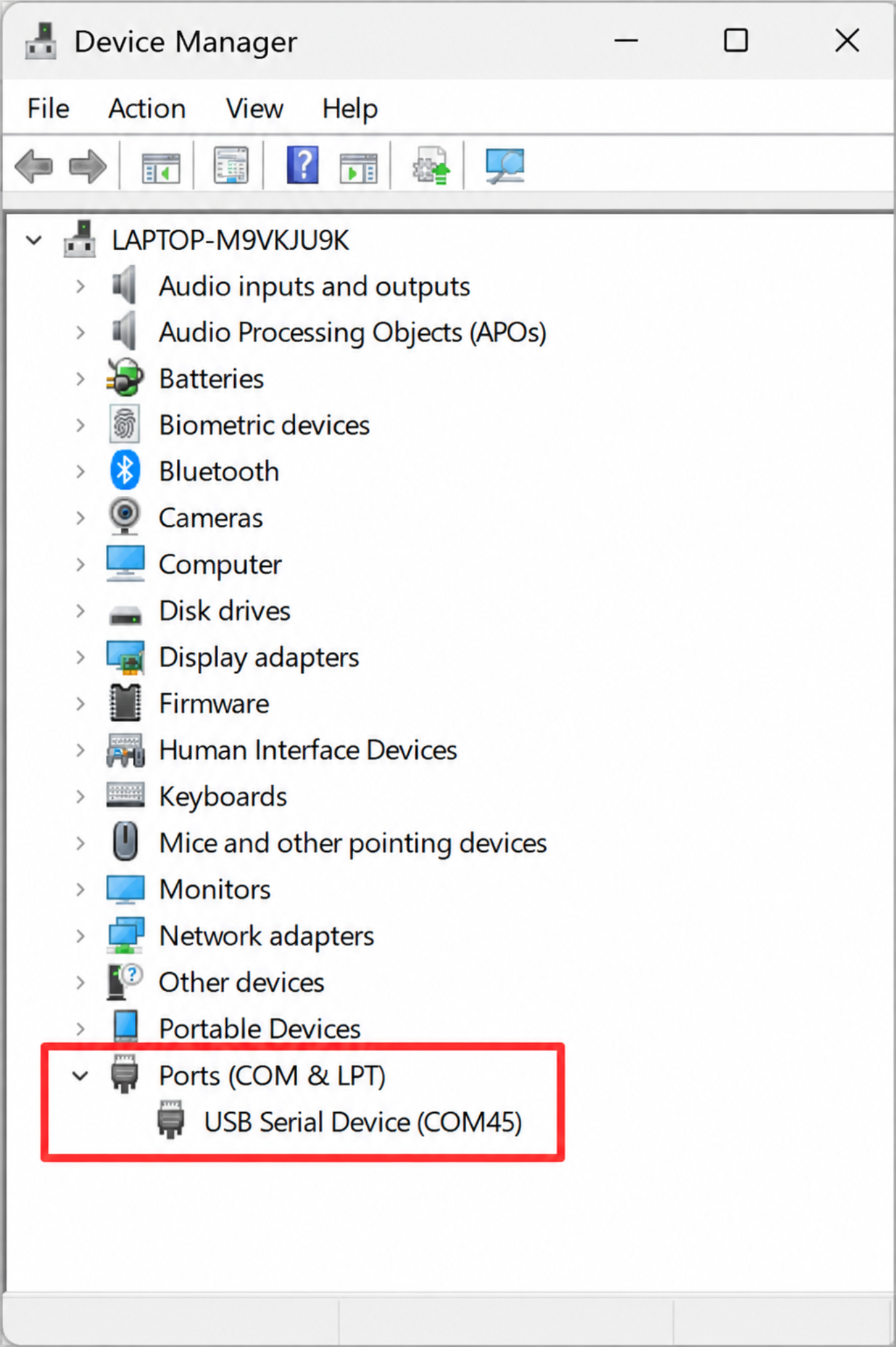Puerto serie DFU tras la nueva enumeración en el Administrador de dispositivos de Windows