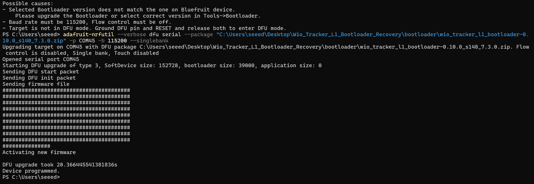 Salida de adafruit-nrfutil que termina con Device programmed