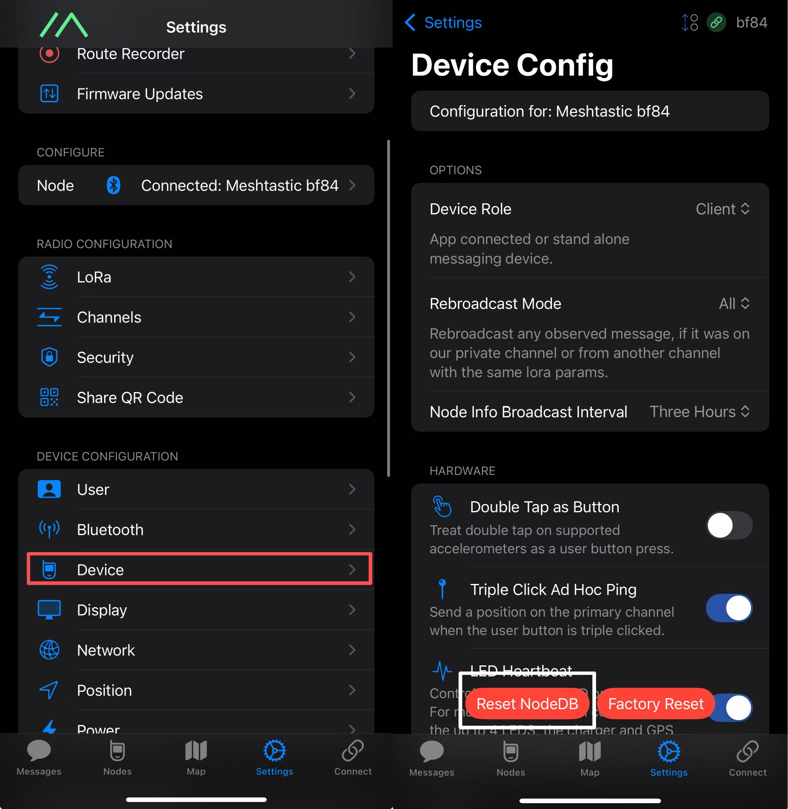 Device settings and Reset NodeDB button in the app