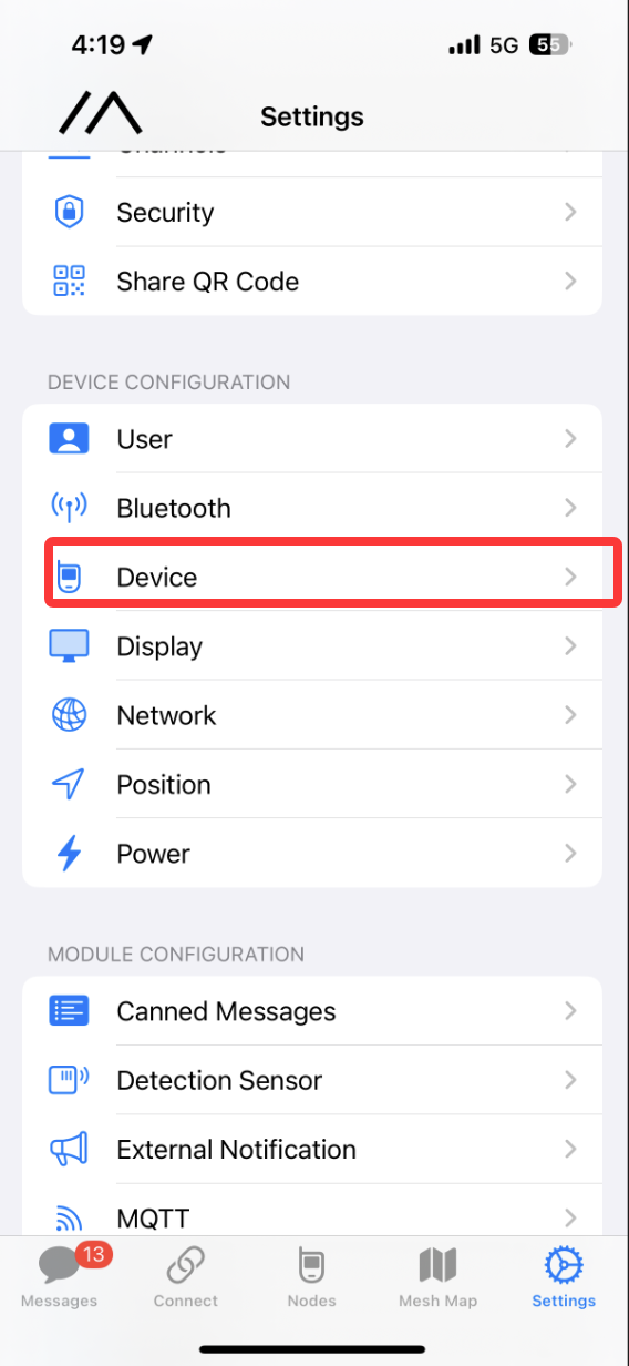 Device entry in Settings