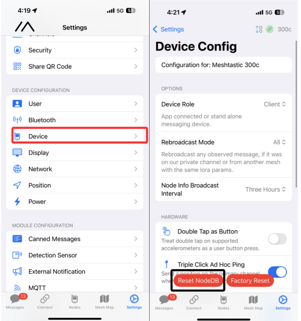 Device settings and Reset NodeDB button in the app