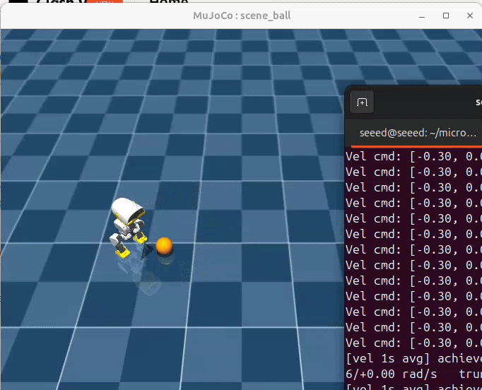 Microduck keyboard-triggered ball-kick policy inference in MuJoCo