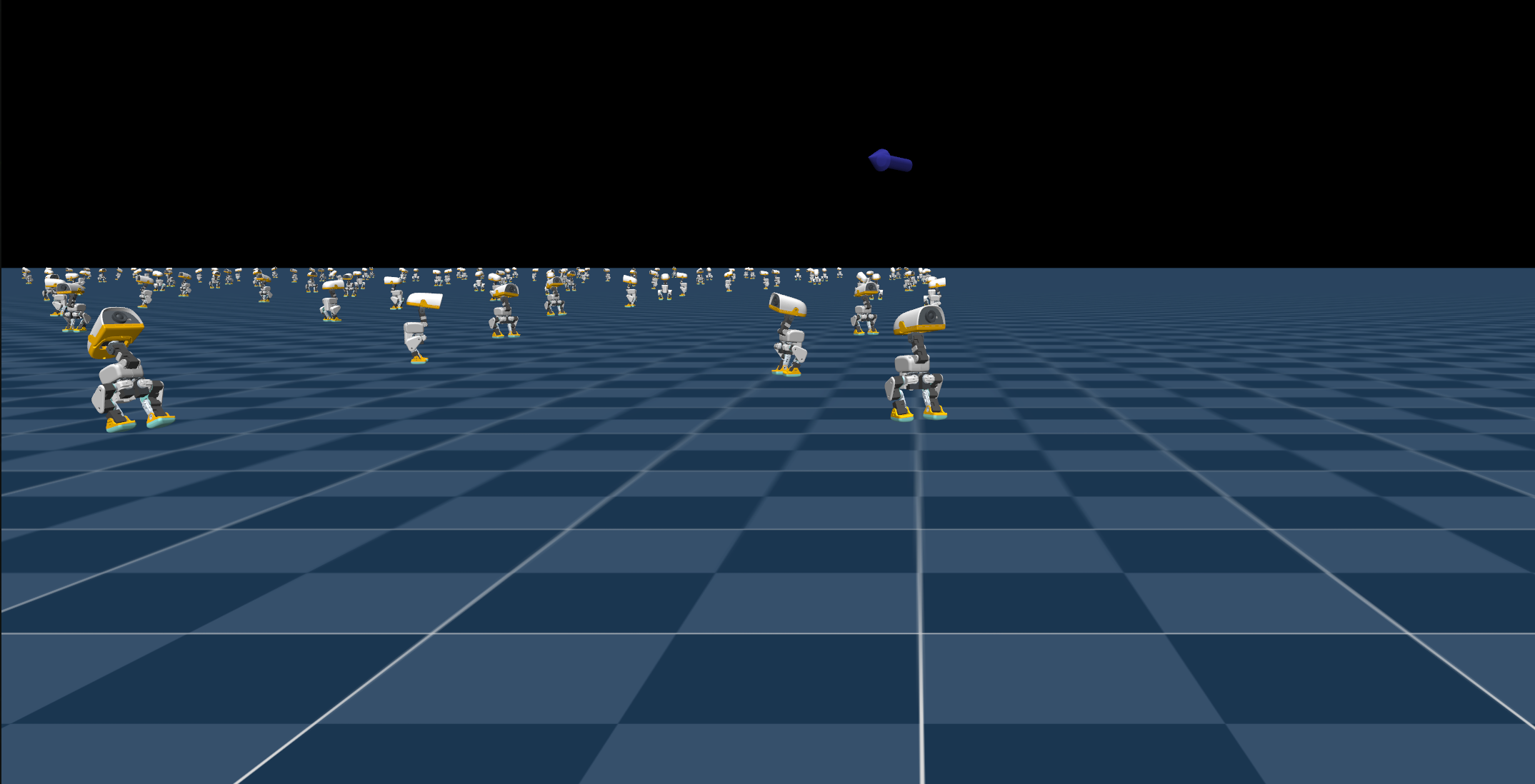 Multiple Microducks visualized while the backend trains 4096 environments