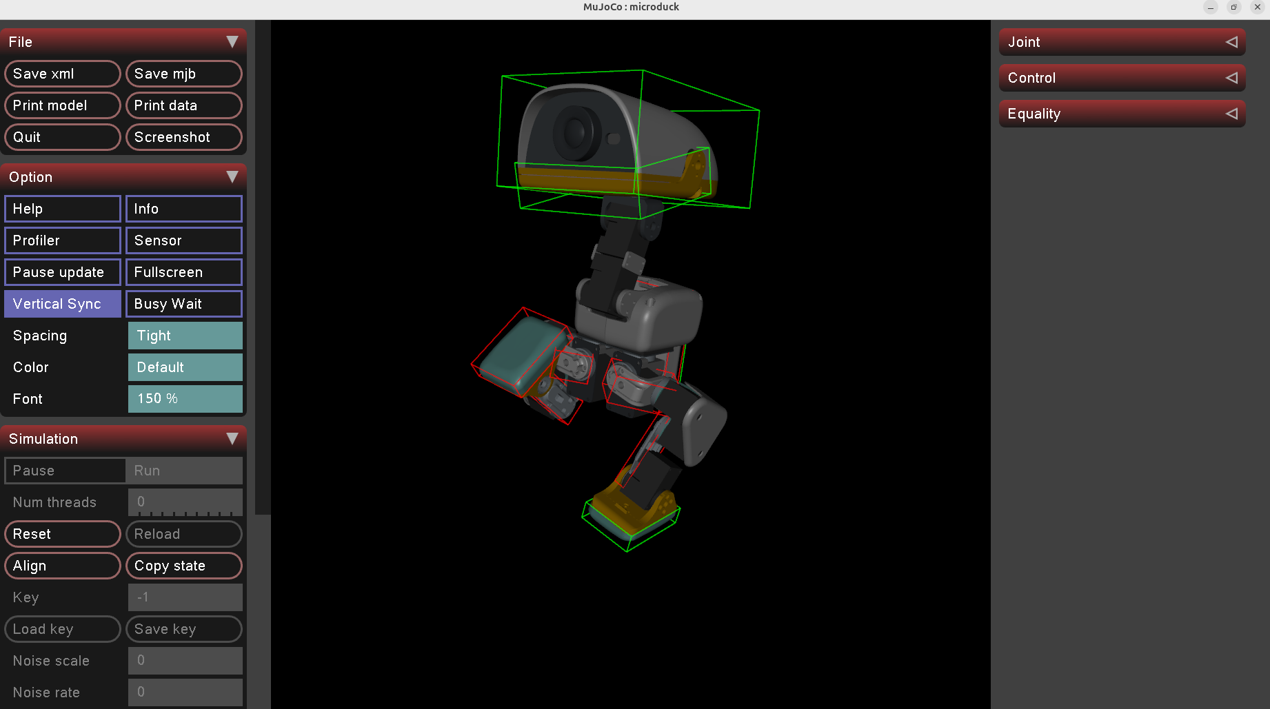 Interactive MuJoCo pose editor showing the Microduck one-leg balance target pose