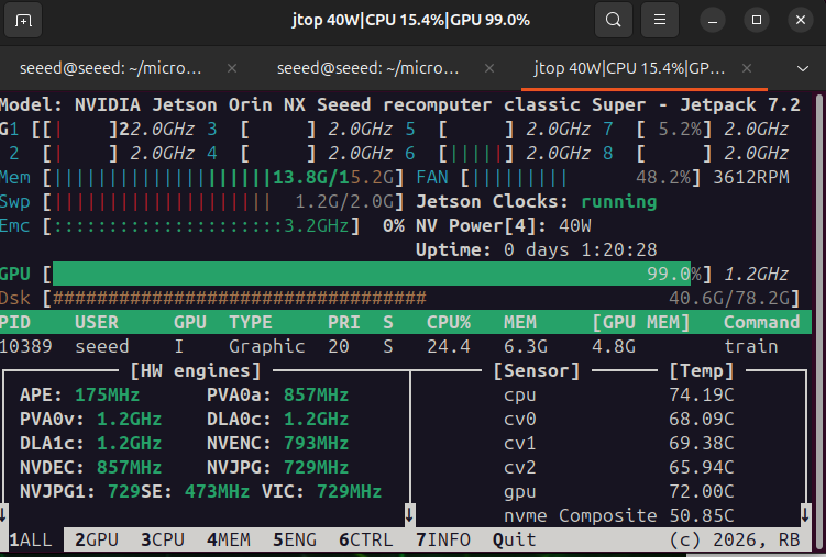Jetson jtop output while training 4096 Microduck environments