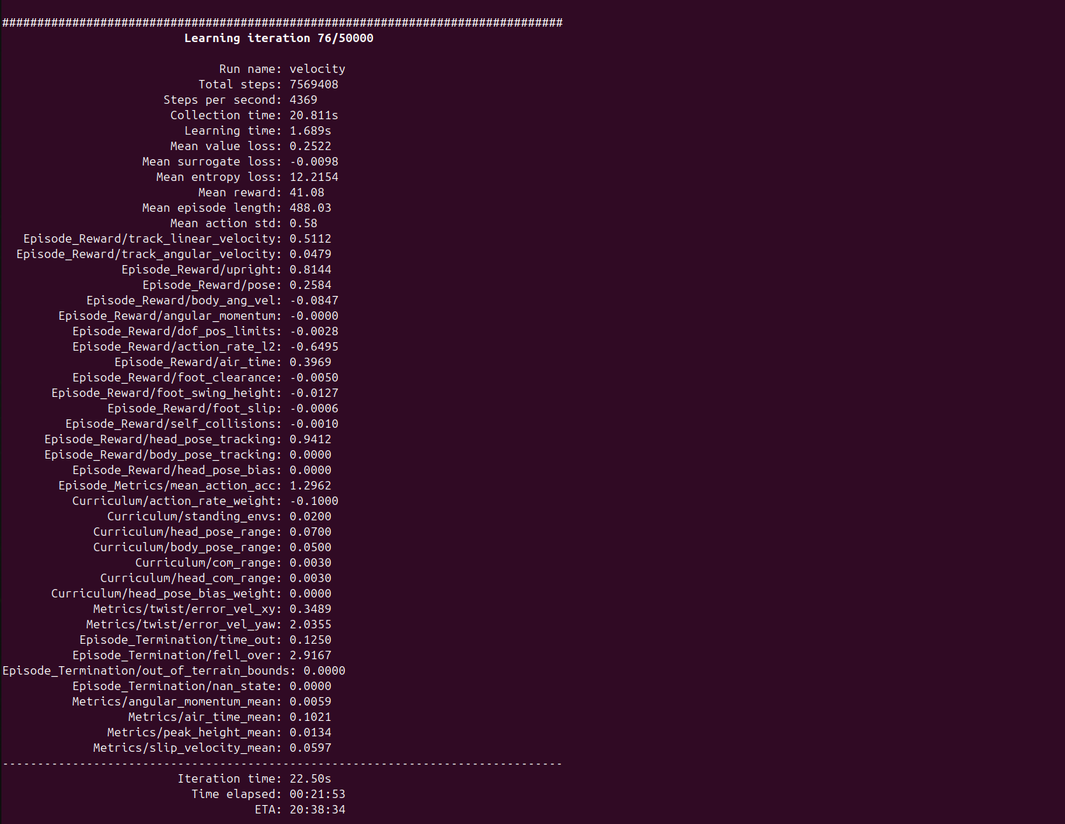 Microduck PPO training iteration metrics on Jetson