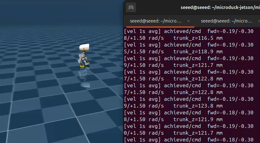 Microduck walking policy inference loop in MuJoCo