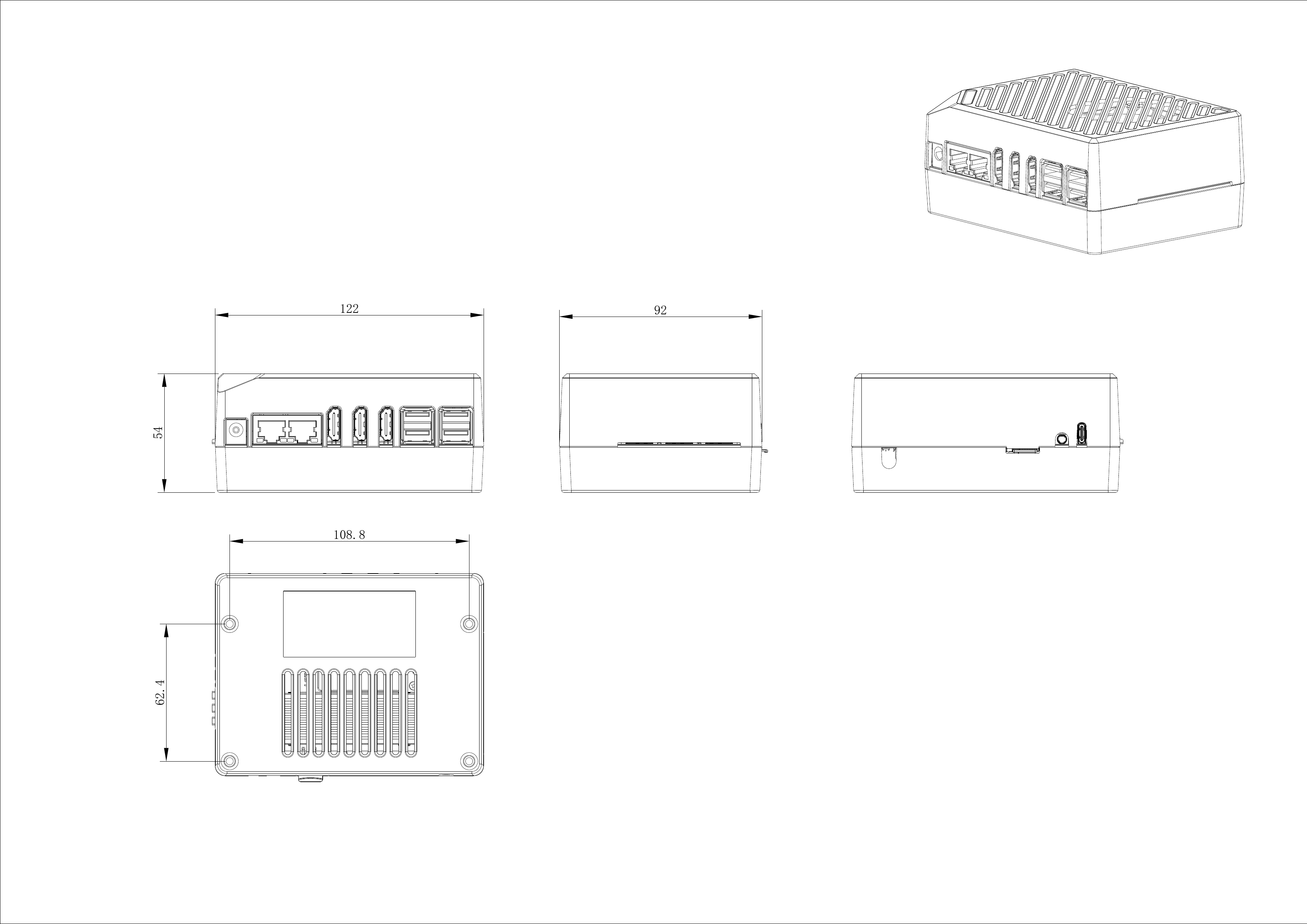 Dimensiones de la carcasa y orificios de montaje del reComputer RK3588