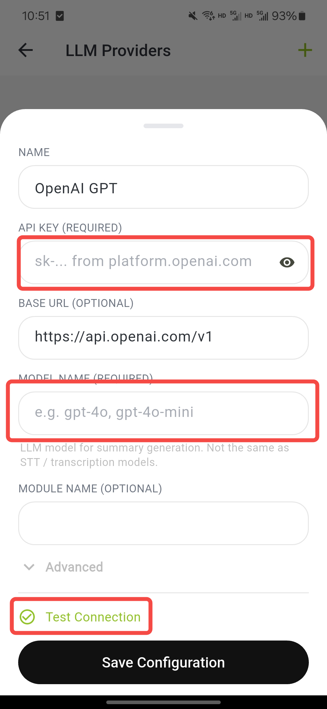 Fill in and save LLM service configuration