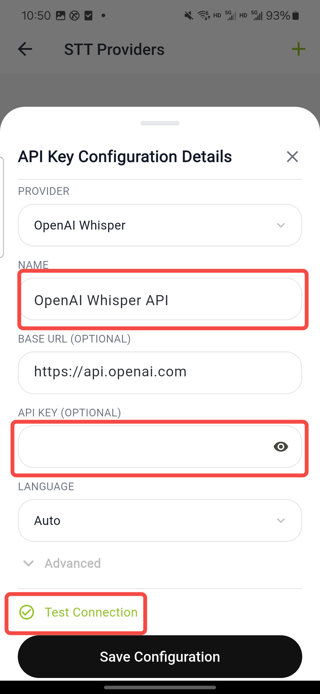 Fill in and save STT service configuration
