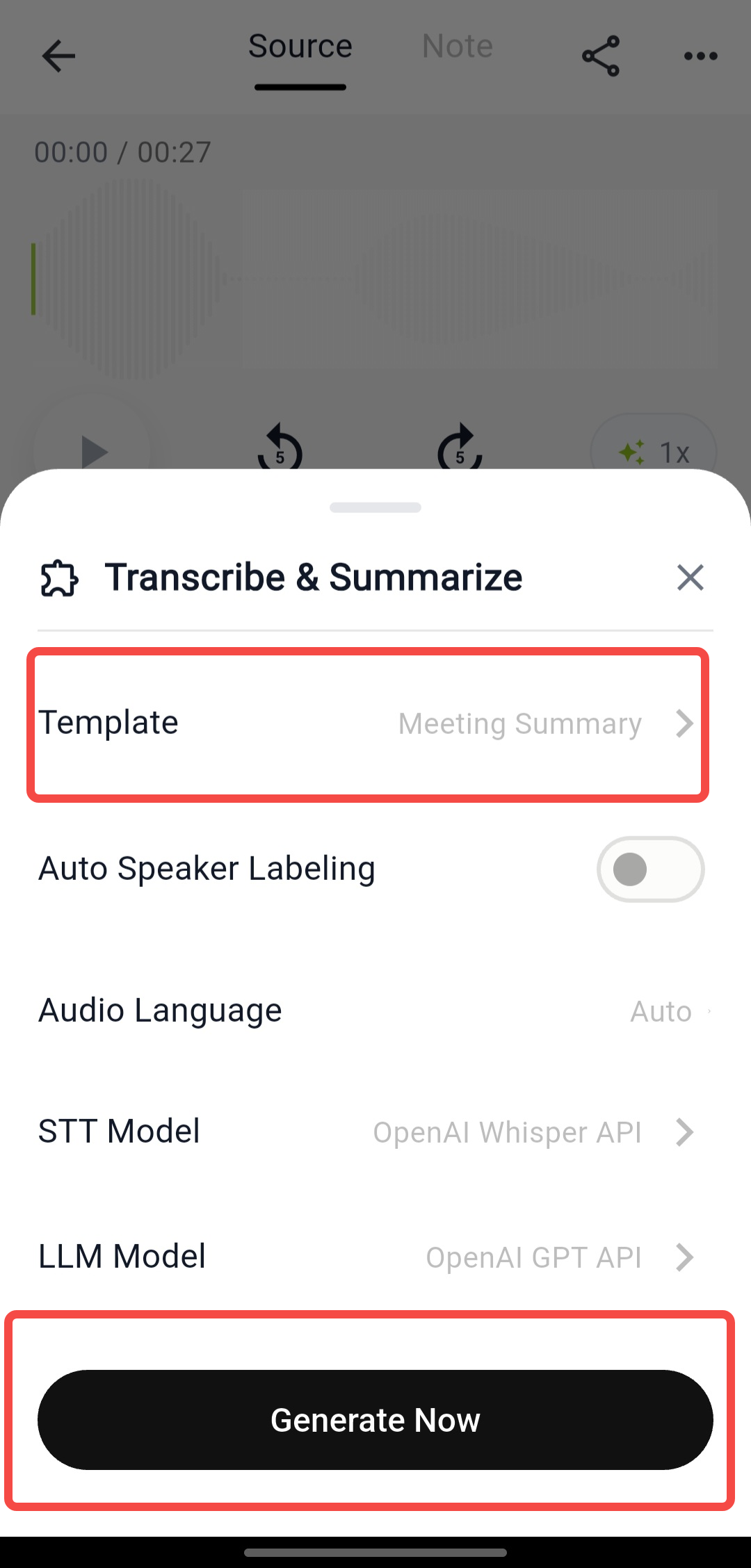 Select a template and start transcription and summarization