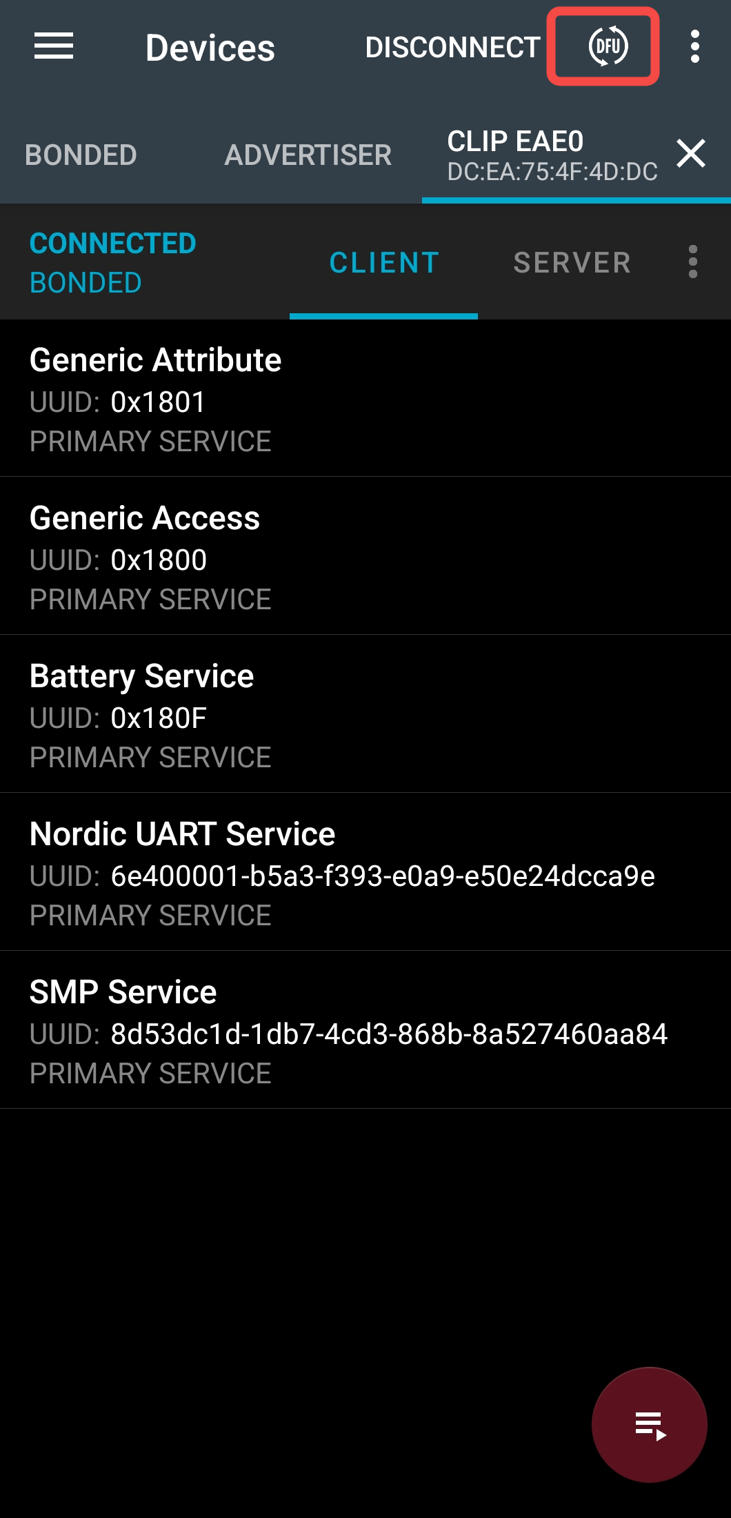 Tap the DFU button in mobile nRF Connect