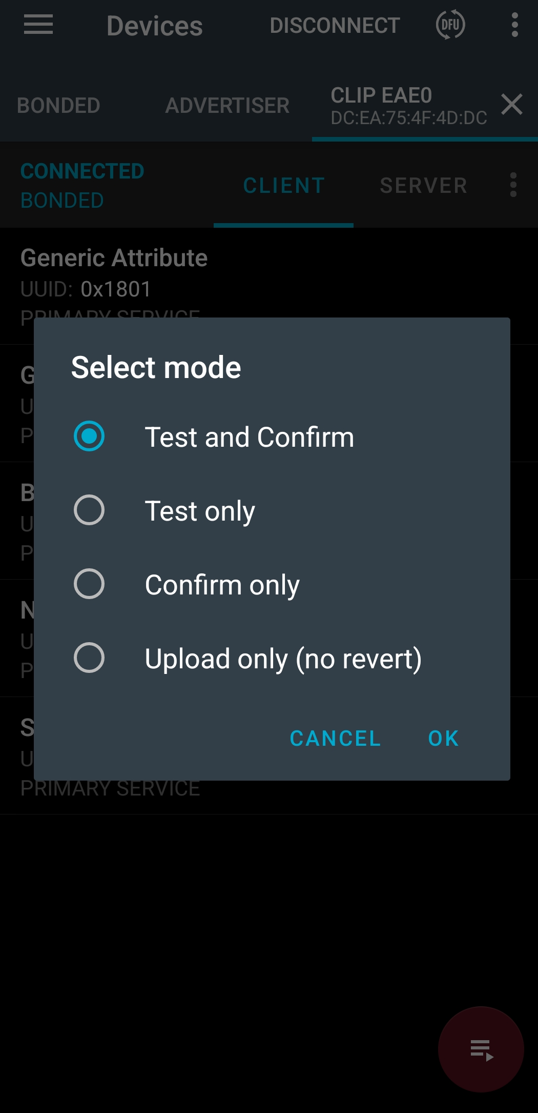 Select Test and Confirm for Bluetooth OTA