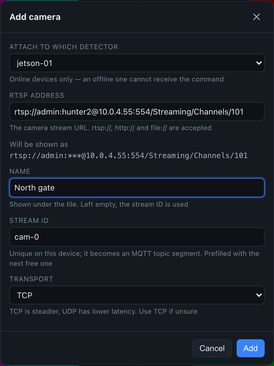 The add-camera dialog, with the RTSP password masked in the echo line