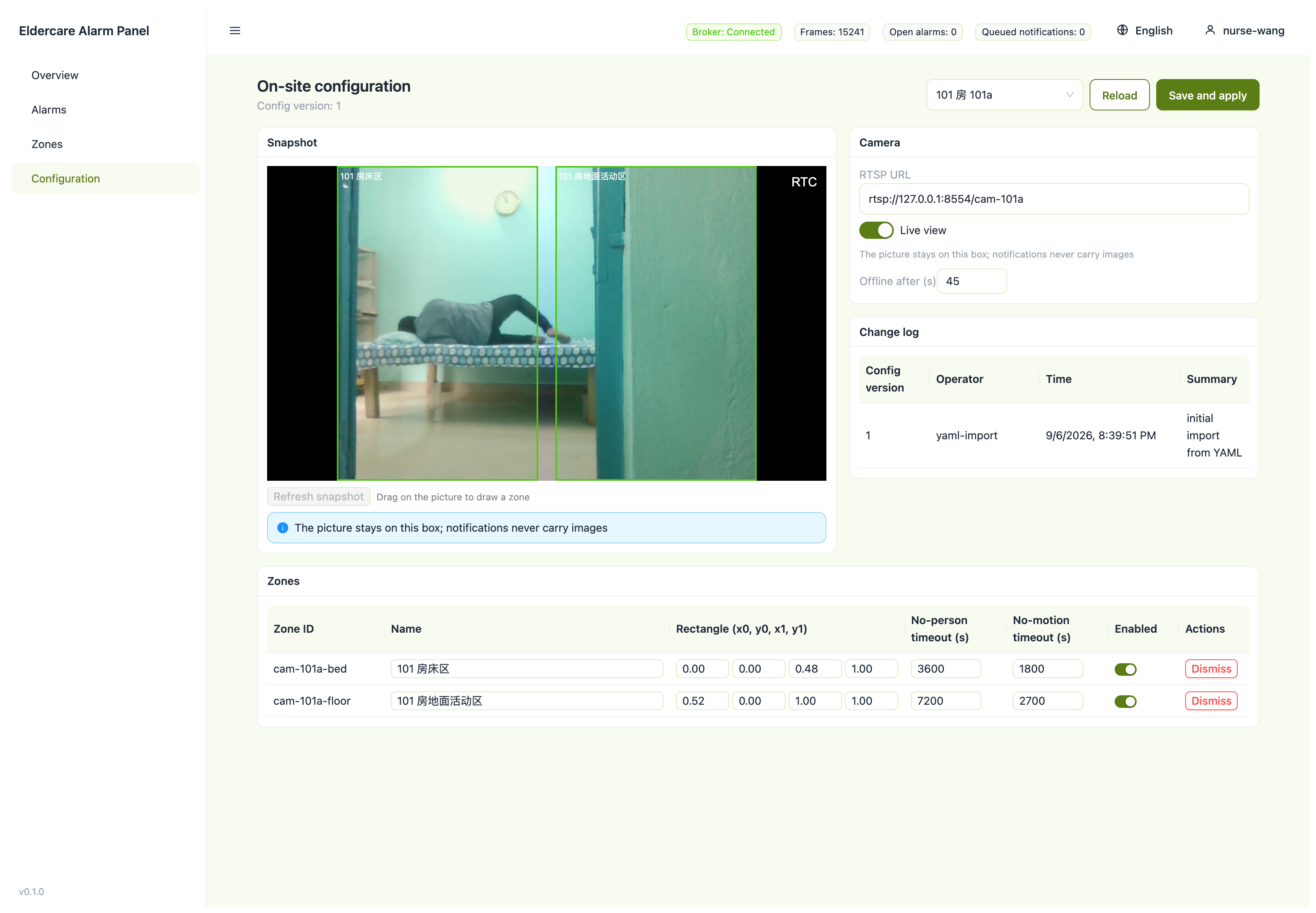 Página de configuración de zona: vista en vivo a la izquierda, timeouts de no-persona y no-movimiento a la derecha