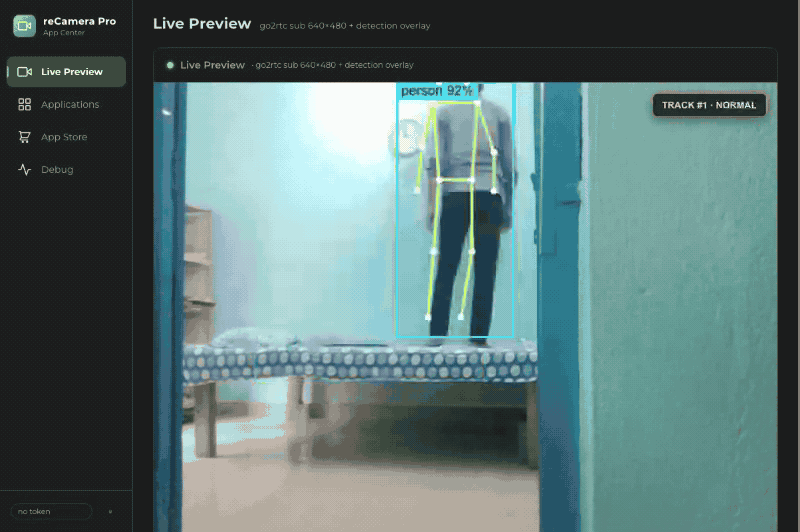 La transición de estado de normal a caído, mostrada en la vista previa del App Center de reCamera Pro