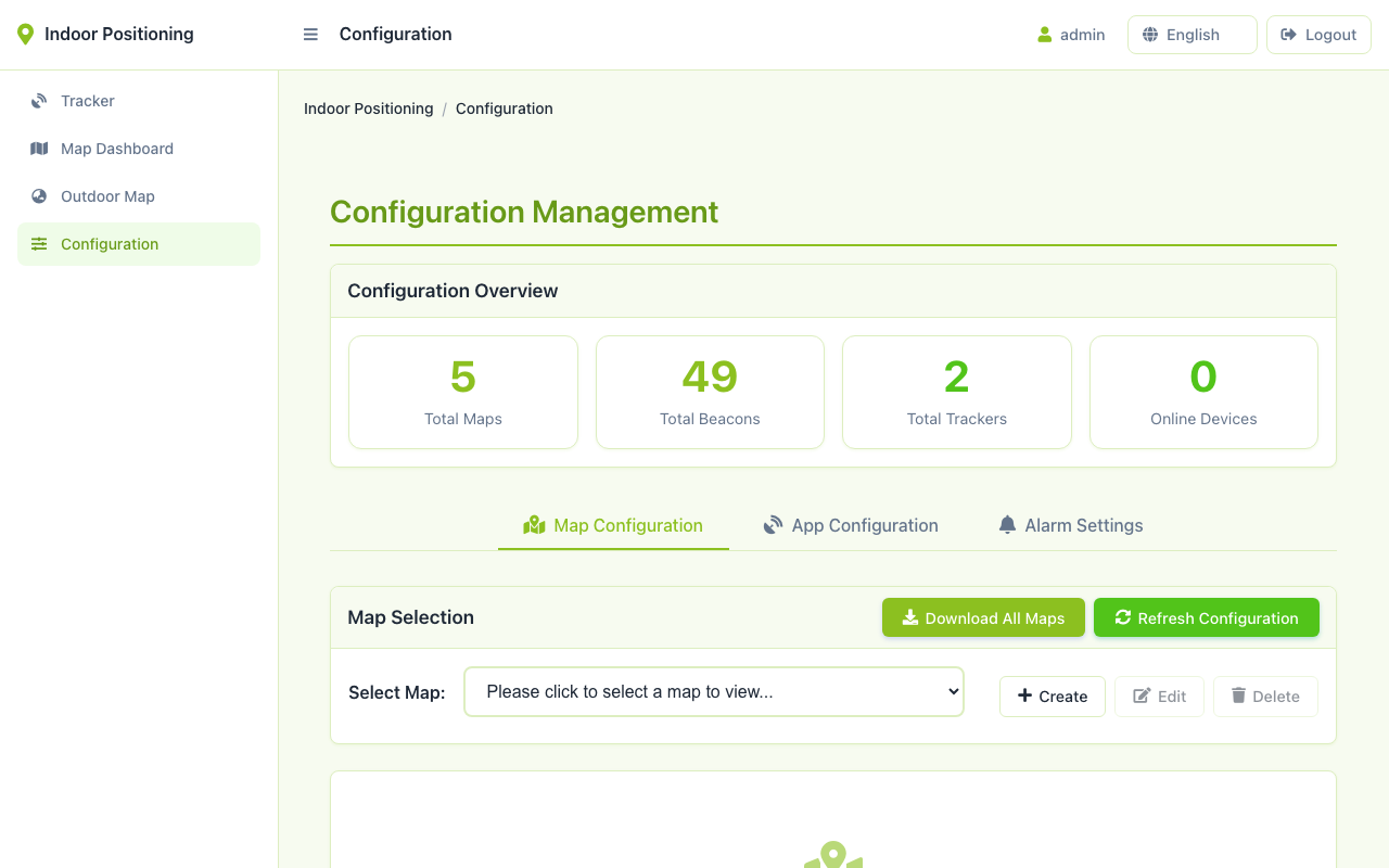 Página de configuración: carga del plano de planta, origen y rotación, y la lista de geocercas