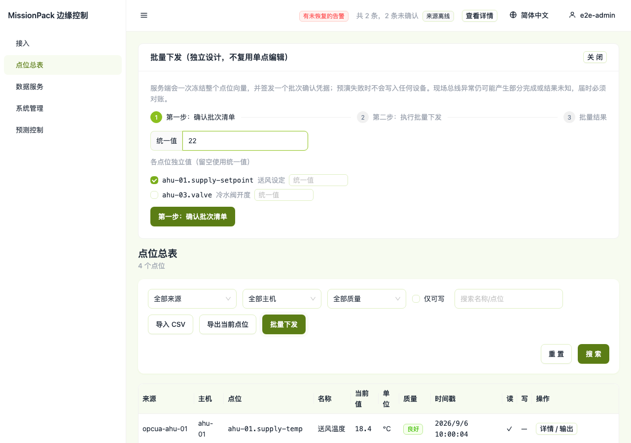 批量下发选择页:本批覆盖的点位与逐点的当前值