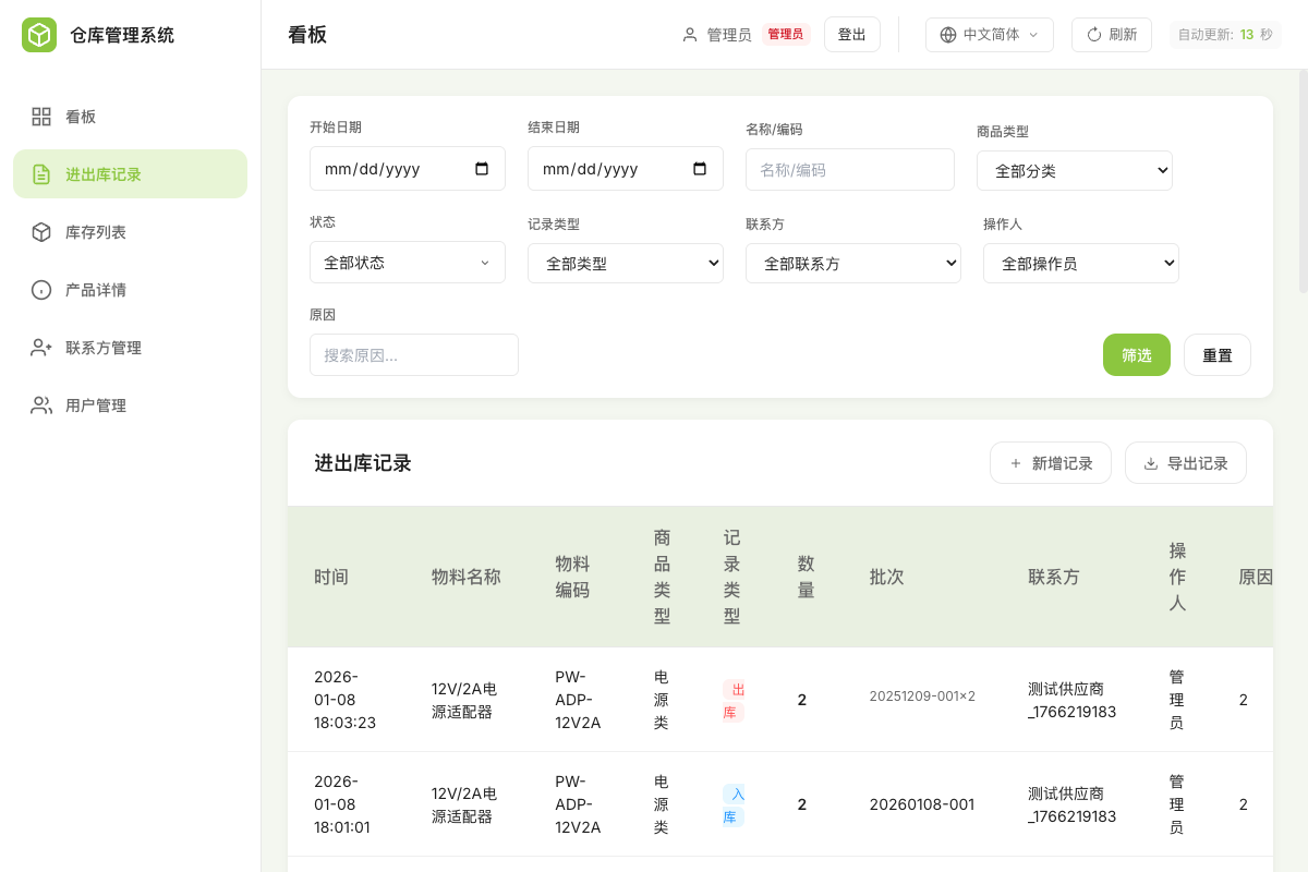 取引履歴:記録ごとのバッチ番号、数量、作業者、入力元