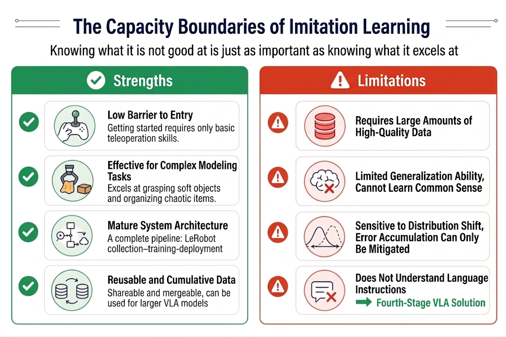 Advantages and limitations of imitation learning