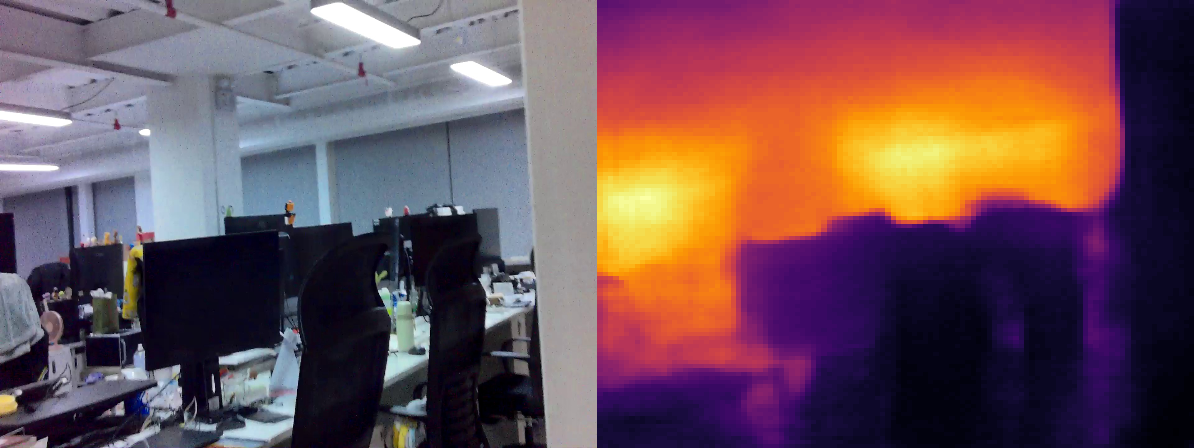 Indoor office frame beside its FastDepth INT8 depth heatmap
