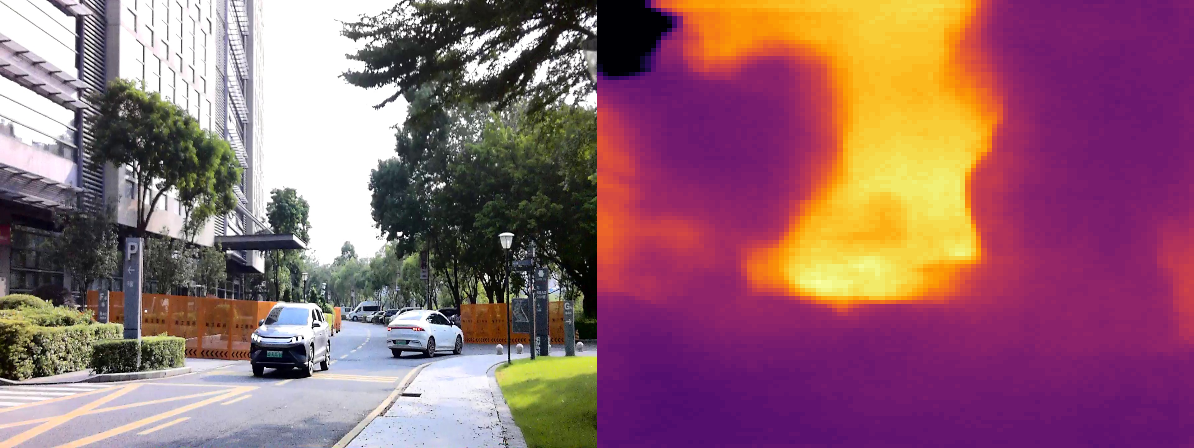 Outdoor street frame beside its FastDepth INT8 depth heatmap showing range compression