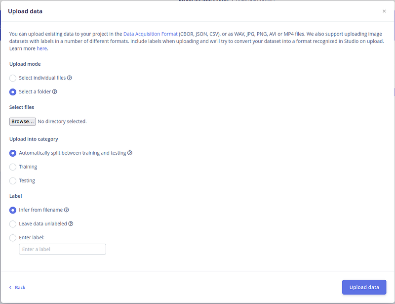 Edge Impulse upload data screen